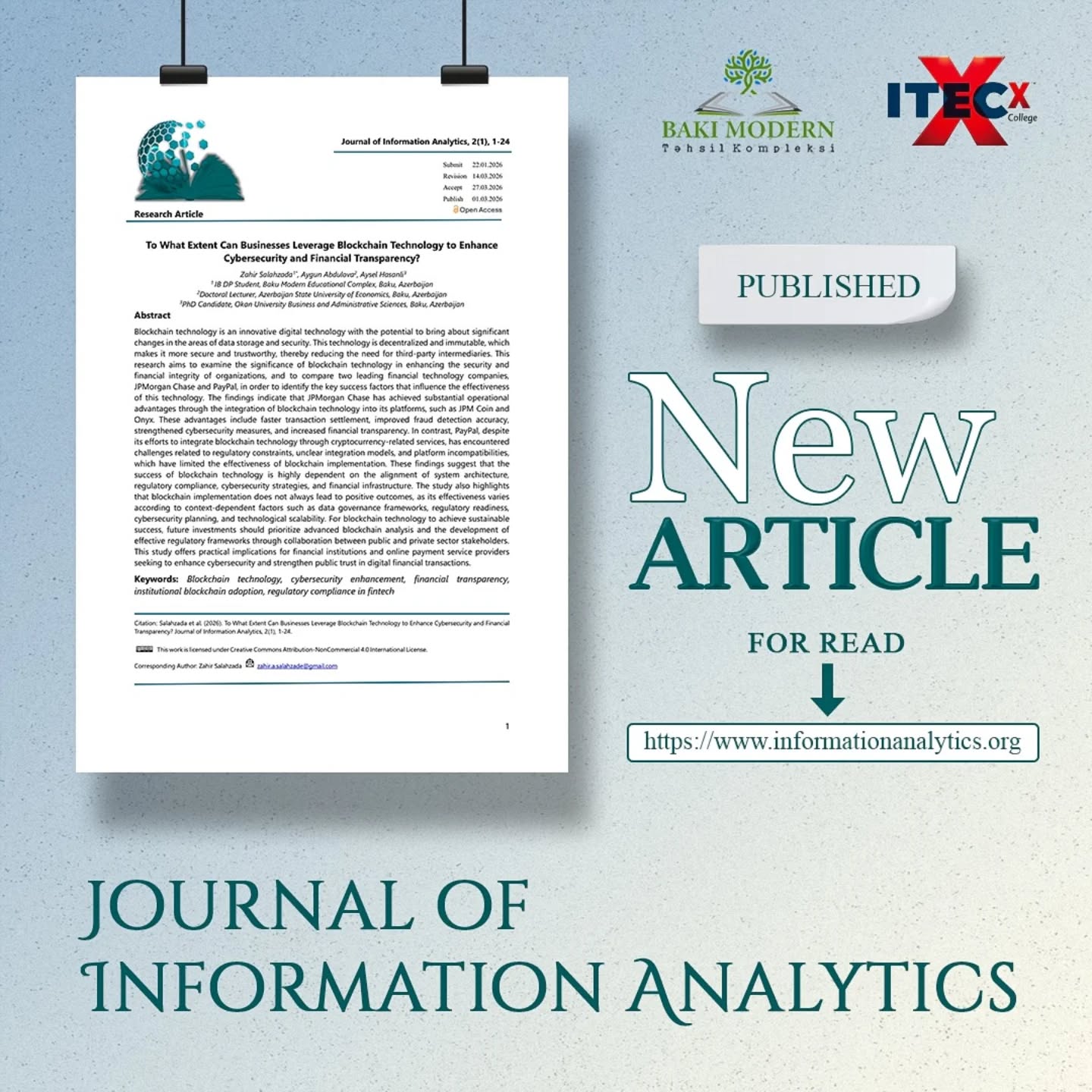 Baku Modern team’s blockchain research accepted by an international academic journal